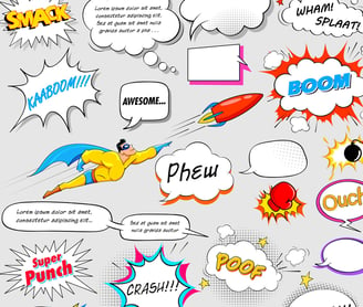 a collection of comic book style speech bubbles representing AI and social selling