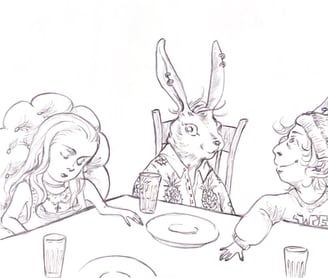 A sleepy girl, a rabbit, and a young boy wearing a long beanie hat are sitting together at a table