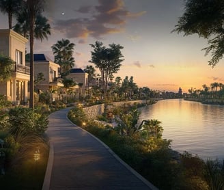 Luxury villas overlooking a waterfront canal at Jirian Compound – sunset view
