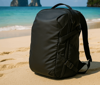 Peak Design Backpack sitting on the golden sands of a Thai Beach with the ocean in the background