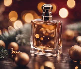 a bottle of perfume on a table with flowers