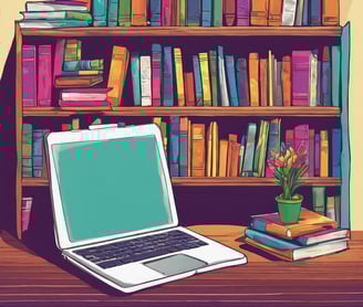 book shelf and in front laptop