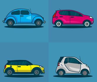 four different colored cars are shown in this set