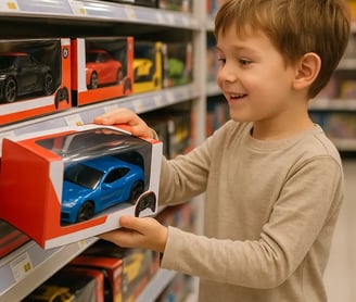 niño eligiendo un carro a control remoto en tienda