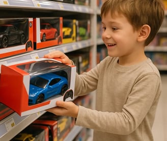 niño eligiendo un carro a control remoto en tienda