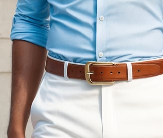 tan belt, white pants, navy shirt