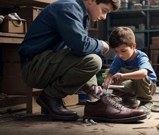 Two Brothers Fixing Dads Shoe with Glue