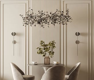 a dining room with a table and chairs and wood panelling