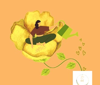 illustration, dessin  une femme assise en lotus sur un lotus en hauteur arrosant un pot de fleur, douceur, amour