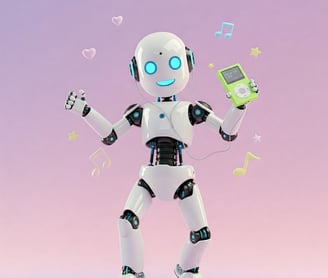 Robot humanoide bailando con un MP3 en la mano.