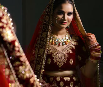 a woman in a red and gold bridalle dress