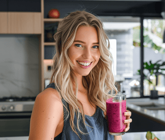 a woman holding a glass of fruit juice