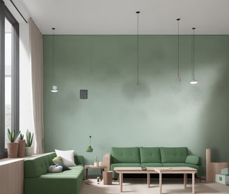 a living room with a green couch and a green couch