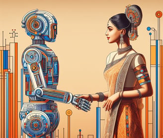 Colourful robot shaking hands with a woman