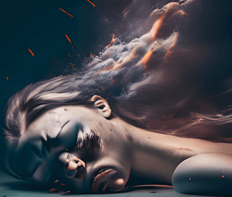 a woman laying on the ground with a fire in the background