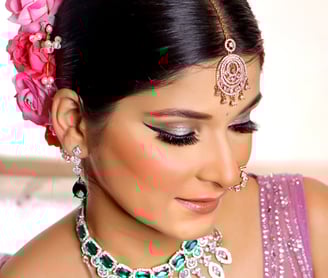 a woman in a purple dress with a necklace and earrings