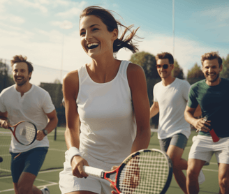 Group of men and women playing tennis