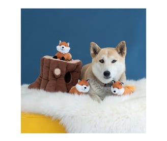 a dog is sitting on a furry rug with a stuffed animal