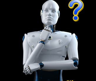 a robot with question mark on his chest