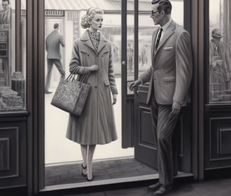 Man letting lady first through the door