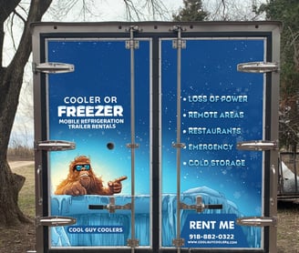 Back doors of a Cool Guy Coolers trailer used for emergency cold storage during power outages
