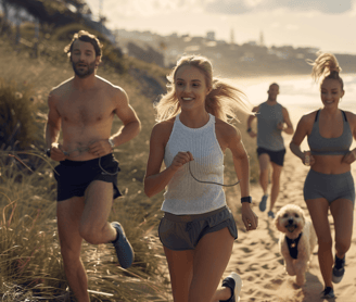 a group of people running on a beach