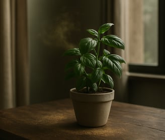 Basilic exprimant un arôme unique dans un salon avec une belle table en bois et un pot nature
