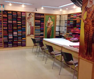 Sree Vijayalakshmi Silks showroom interior with vibrant silk sarees and elegant ethnic collections.