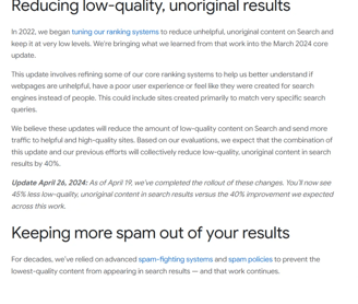Screenshot showing Google's stance on AI content