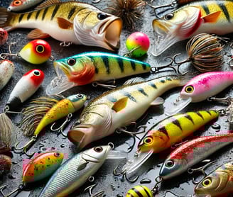 close-up image of various bass fishing lures displayed on a wet surface. The lures include swimbaits, poppers, crankbaits, an
