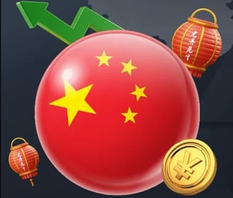 a chinese flag with a green arrow pointing up