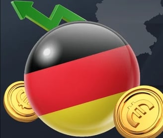 a german flag with a green arrow pointing up