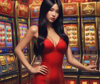 a woman in a red dress standing in front of a casino machine