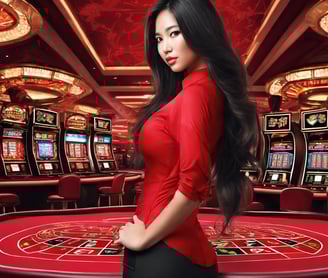a woman in a red dress standing in front of a casino table