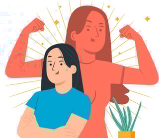 Ilustração de uma mulher feliz com sua "sombra" confiante