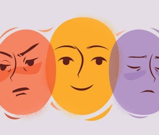 Ilustração de cinco faces humanas representando as diferentes emoções que temos