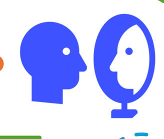 Blue head icon looking into blue mirror icon with white relefection