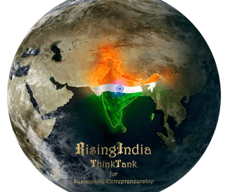 RisingIndia Original logo created by tarun agal. a globe map of india and the indian flag