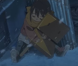 screenshot from suzume, young suzume hugging her chair