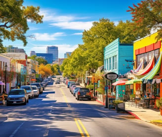 a street scene in Austin, Texas with cars parked