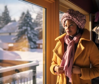 a woman dressed for the cold weather in a yellow coat and pink scarf