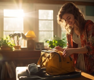 a woman is standing in a room with a yellow bag