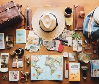 a hat with and other travel essentials laid out on a table