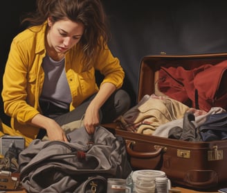 a woman struggling with a suitcase