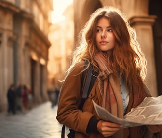 a woman in a coat and scarf standing in a city in Europe