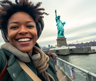 a woman in a green jacket and scarf on a New York ferry