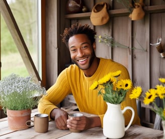 a man sitting at a table with a cup of coffee