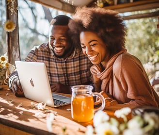 a man and woman sitting at a table with a laptop