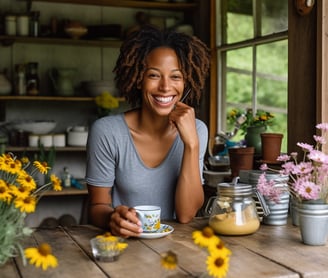 a woman sitting at a table with a bowl of food