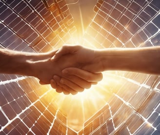 two hands holding hands in front of a solar farm